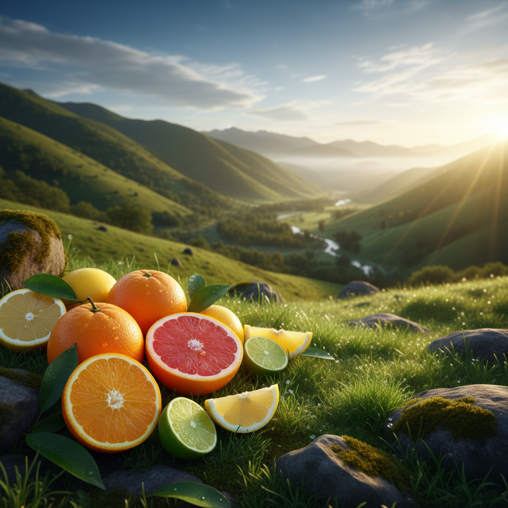 Sunlight over a green landscape with fresh citrus fruits representing natural vitamin sources