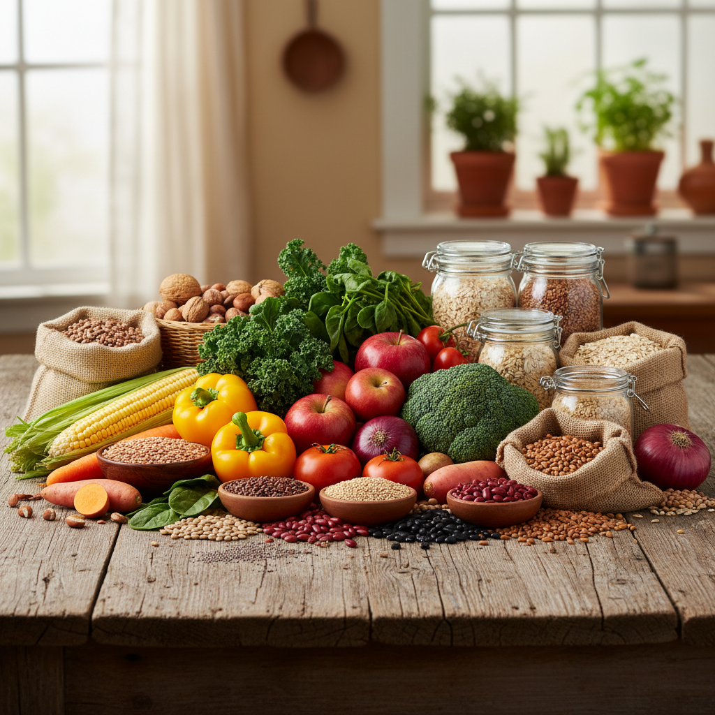 An array of unprocessed whole foods including fresh produce, legumes, and whole grains